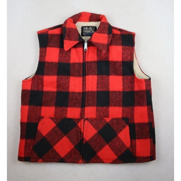 VINTAGE 70s MEN'S RED BLACK BUFFALO PLAID SHERPA LINED VEST - AVON - SIZE M - Picture 3 of 9